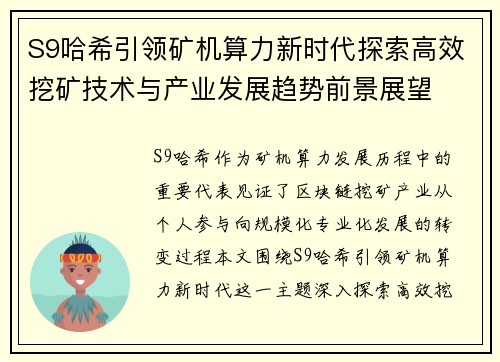 S9哈希引领矿机算力新时代探索高效挖矿技术与产业发展趋势前景展望